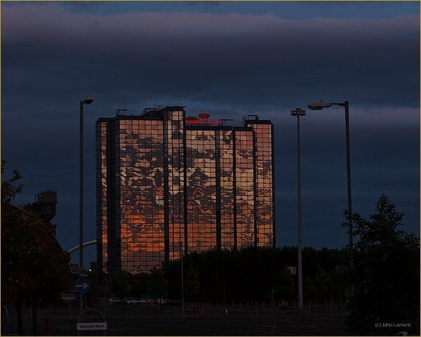 Glasgow Crowne Plaza Hotel as the Sun sets